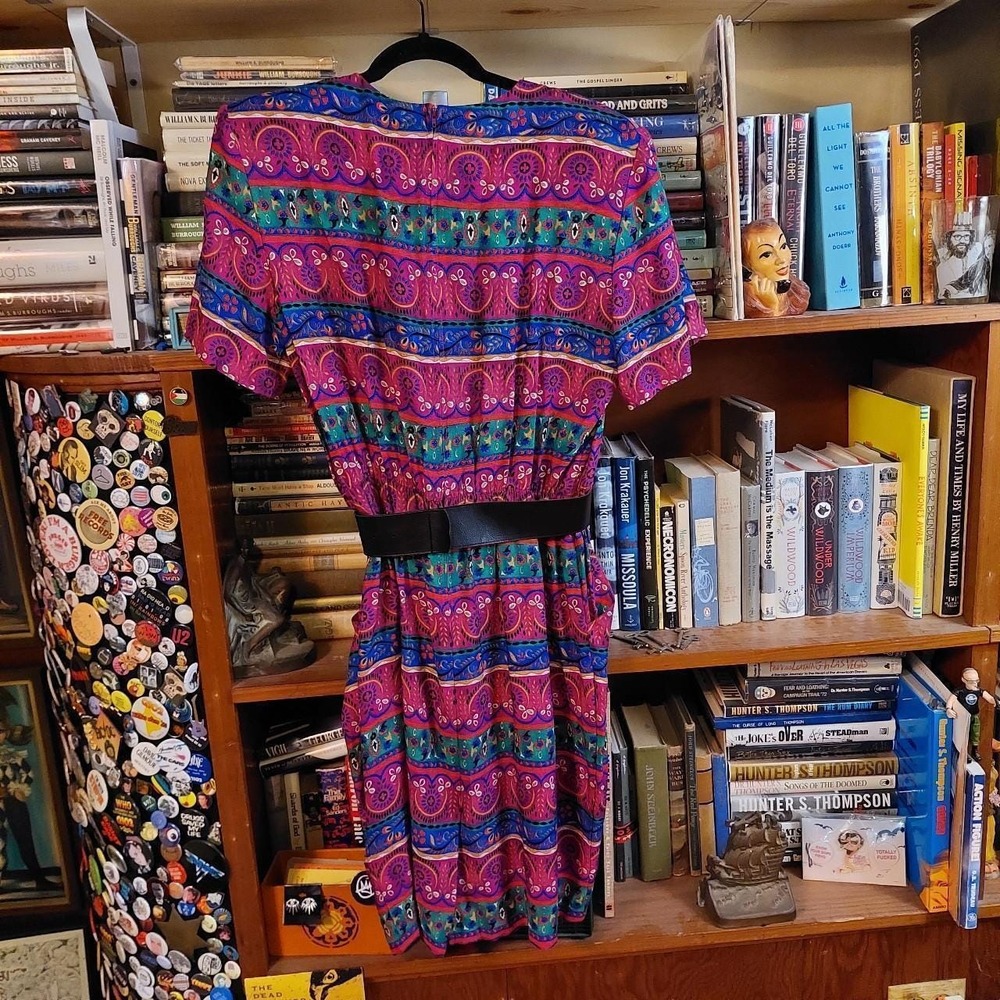 Vintage 80s Positive Attitude Paisley Striped Belted Dress Pink Burgundy 11/12 - Picture 2 of 7